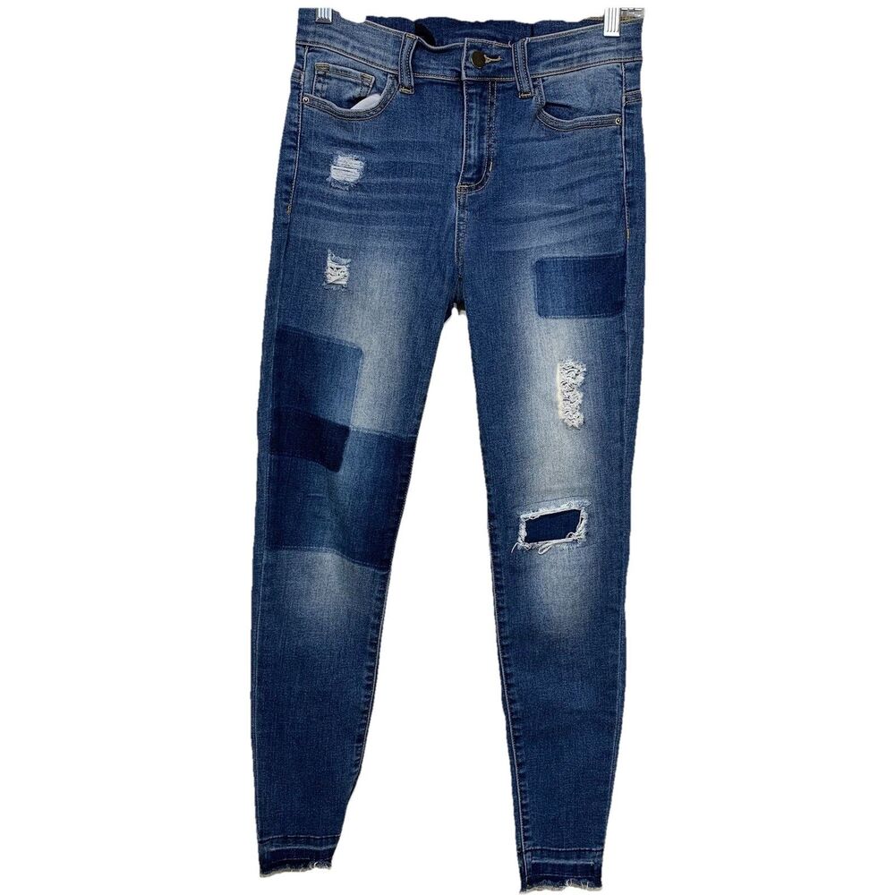 Harper Skinny Jeans Womens 27 Blue Patchwork Distressed Raw Hem HighRise P9481MD